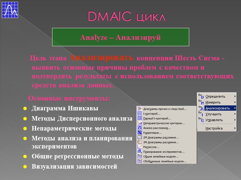 DMAIC цикл Analyze – Анализируй     Цель этапа Анализировать концепции Шесть